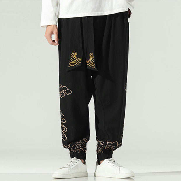 Buddha Stones Auspicious Clouds Cotton Linen Men's Drawstring Harem Pants With Pockets Men's Harem Pants BS 2