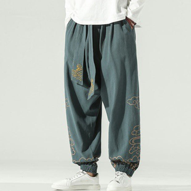 Buddha Stones Auspicious Clouds Cotton Linen Men's Drawstring Harem Pants With Pockets Men's Harem Pants BS 24