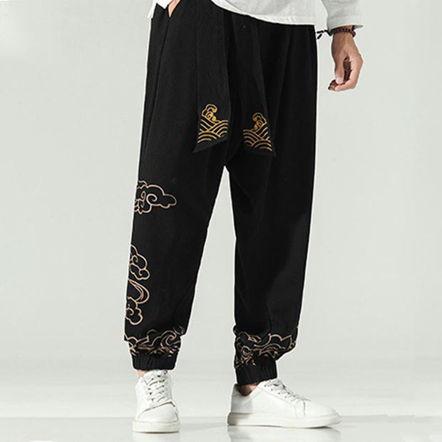 Buddha Stones Auspicious Clouds Cotton Linen Men's Drawstring Harem Pants With Pockets Men's Harem Pants BS 5