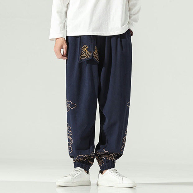 Buddha Stones Auspicious Clouds Cotton Linen Men's Drawstring Harem Pants With Pockets Men's Harem Pants BS MidnightBlue US/UK/AU46，EU56 (5XL)