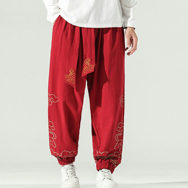 Buddha Stones Auspicious Clouds Cotton Linen Men's Drawstring Harem Pants With Pockets Men's Harem Pants BS Red US/UK/AU46，EU56 (5XL)