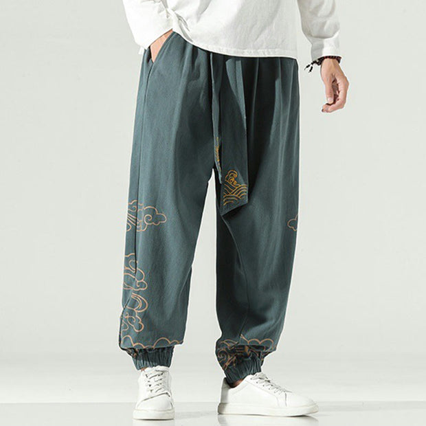 Buddha Stones Auspicious Clouds Cotton Linen Men's Drawstring Harem Pants With Pockets