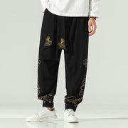 Buddha Stones Auspicious Clouds Cotton Linen Men's Drawstring Harem Pants With Pockets Men's Harem Pants BS Black US/UK/AU46，EU56 (5XL)