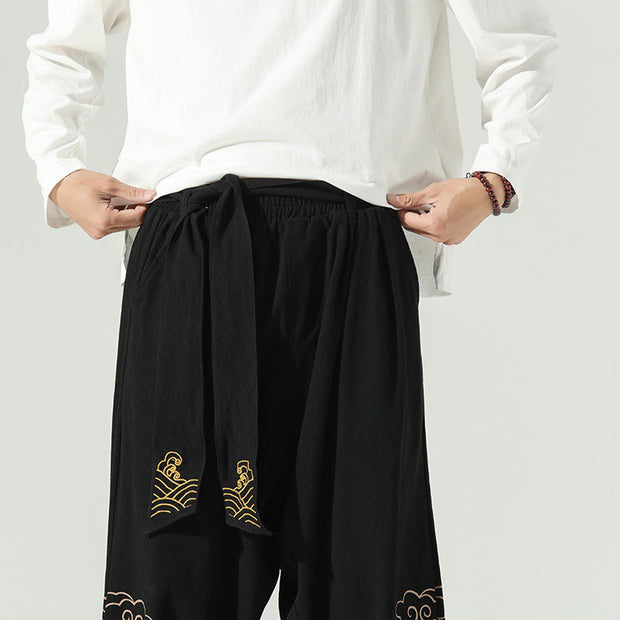 Buddha Stones Auspicious Clouds Cotton Linen Men's Drawstring Harem Pants With Pockets Men's Harem Pants BS 9