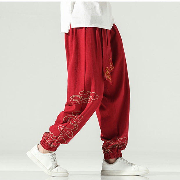 Buddha Stones Auspicious Clouds Cotton Linen Men's Drawstring Harem Pants With Pockets Men's Harem Pants BS 21