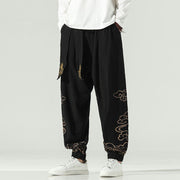 Buddha Stones Auspicious Clouds Cotton Linen Men's Drawstring Harem Pants With Pockets