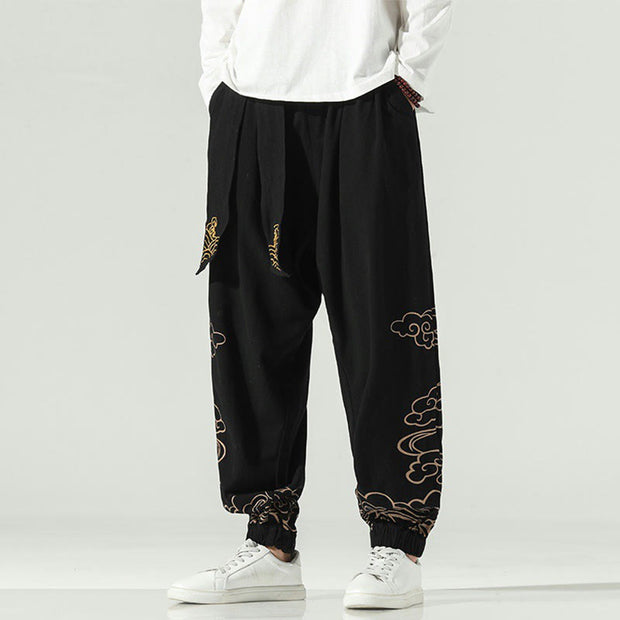 Buddha Stones Auspicious Clouds Cotton Linen Men's Drawstring Harem Pants With Pockets Men's Harem Pants BS 6