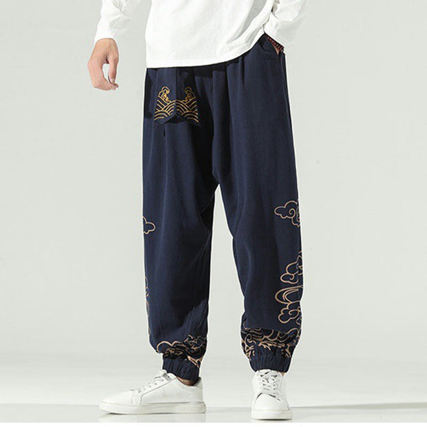 Buddha Stones Auspicious Clouds Cotton Linen Men's Drawstring Harem Pants With Pockets Men's Harem Pants BS 13