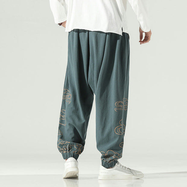 Buddha Stones Auspicious Clouds Cotton Linen Men's Drawstring Harem Pants With Pockets Men's Harem Pants BS 26