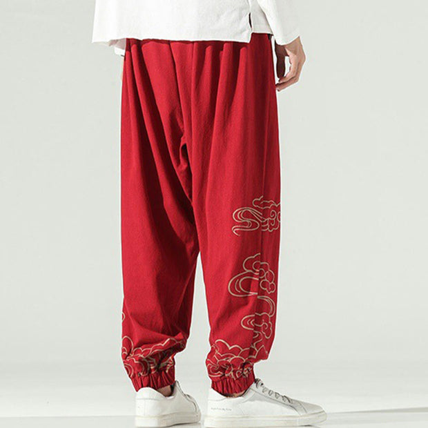 Buddha Stones Auspicious Clouds Cotton Linen Men's Drawstring Harem Pants With Pockets Men's Harem Pants BS 18