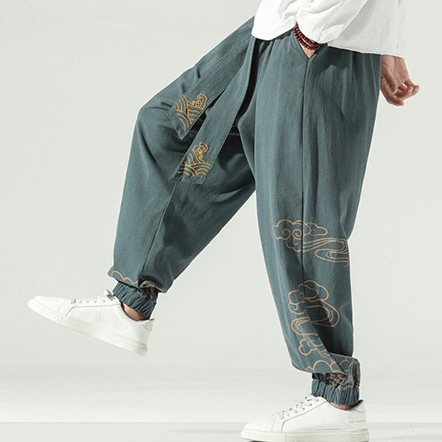 Buddha Stones Auspicious Clouds Cotton Linen Men's Drawstring Harem Pants With Pockets Men's Harem Pants BS 25