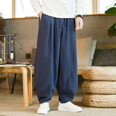 Buddha Stones Solid Color Cotton Linen Drawstring Men's Harem Pants With Pockets