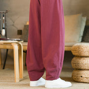 Buddha Stones Solid Color Cotton Linen Drawstring Men's Harem Pants With Pockets