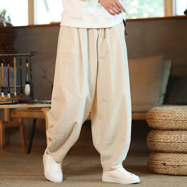 Buddha Stones Solid Color Cotton Linen Drawstring Men's Harem Pants With Pockets Men's Harem Pants BS 28