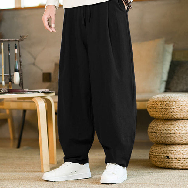 Buddha Stones Solid Color Cotton Linen Drawstring Men's Harem Pants With Pockets Men's Harem Pants BS 16