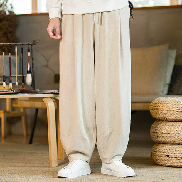 Buddha Stones Solid Color Cotton Linen Drawstring Men's Harem Pants With Pockets Men's Harem Pants BS 25