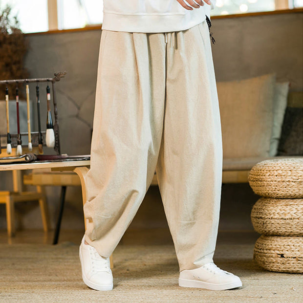 Buddha Stones Solid Color Cotton Linen Drawstring Men's Harem Pants With Pockets Men's Harem Pants BS 27