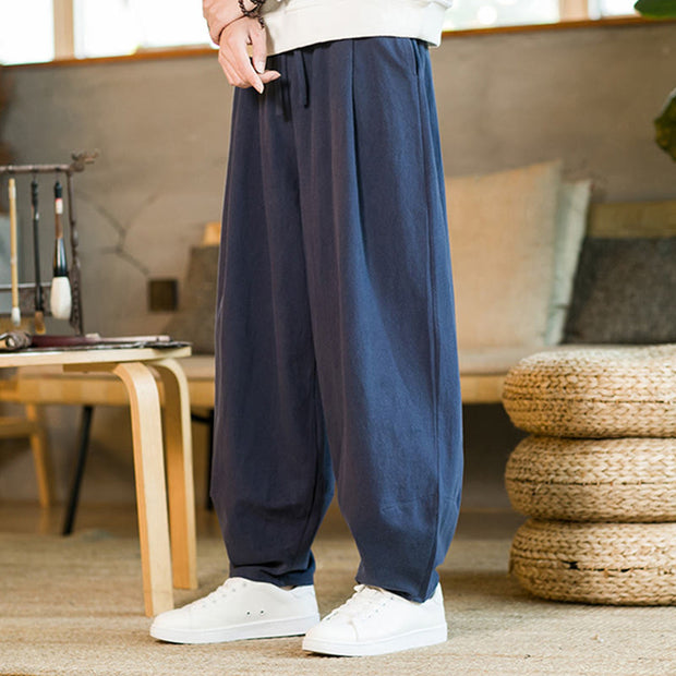 Buddha Stones Solid Color Cotton Linen Drawstring Men's Harem Pants With Pockets Men's Harem Pants BS 4