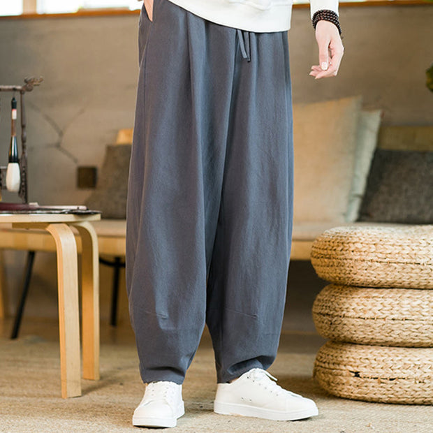 Buddha Stones Solid Color Cotton Linen Drawstring Men's Harem Pants With Pockets Men's Harem Pants BS SlateGray US/UK/AU46，EU56 (5XL)