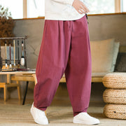 Buddha Stones Solid Color Cotton Linen Drawstring Men's Harem Pants With Pockets