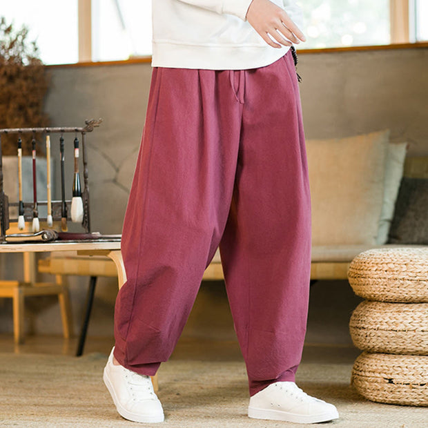 Buddha Stones Solid Color Cotton Linen Drawstring Men's Harem Pants With Pockets Men's Harem Pants BS 9