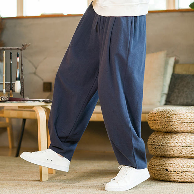 Buddha Stones Solid Color Cotton Linen Drawstring Men's Harem Pants With Pockets Men's Harem Pants BS 2