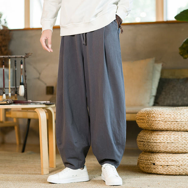 Buddha Stones Solid Color Cotton Linen Drawstring Men's Harem Pants With Pockets