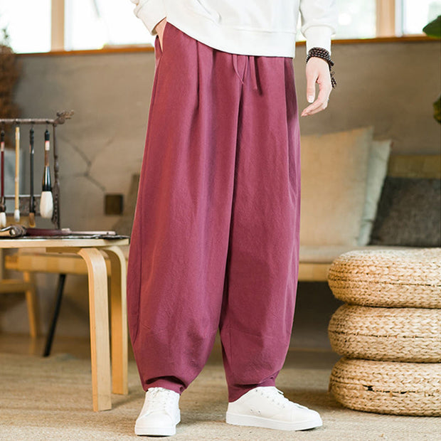 Buddha Stones Solid Color Cotton Linen Drawstring Men's Harem Pants With Pockets