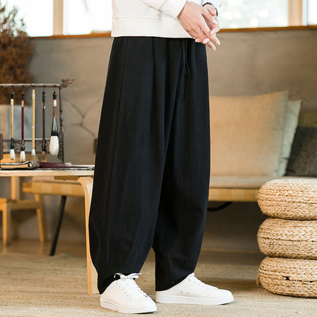 Buddha Stones Solid Color Cotton Linen Drawstring Men's Harem Pants With Pockets Men's Harem Pants BS 12