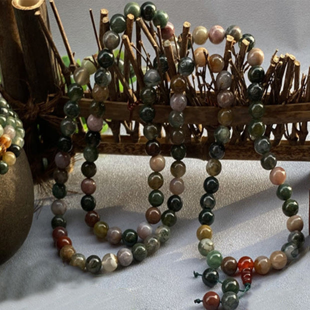 Buddha Stones 108 Mala Beads Natural Stone Moss Agate Multi-turn Healing Bracelet