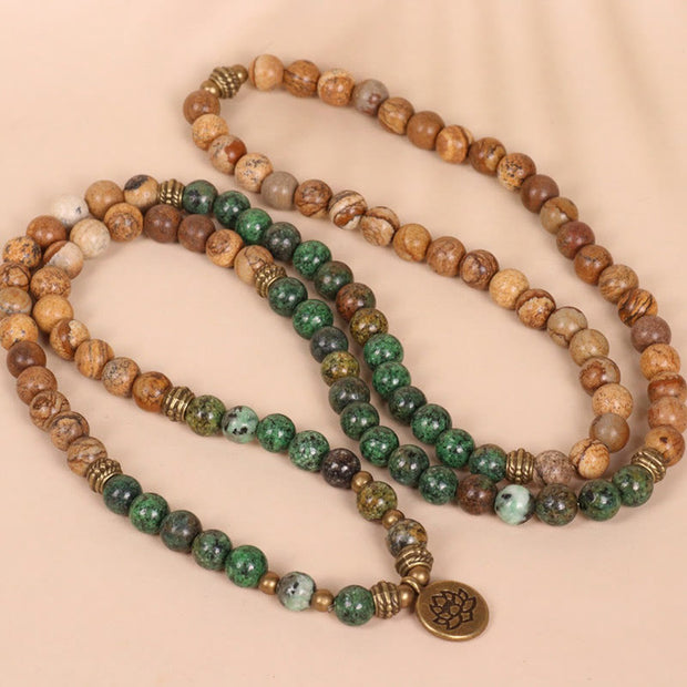 Buddha Stones 108 Mala Beads Natural Stone Picture Jasper Turquoise Lotus Positive Bracelet