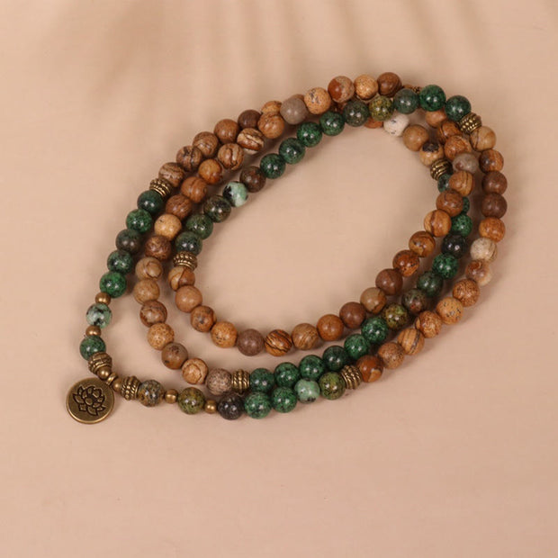 Buddha Stones 108 Mala Beads Natural Stone Picture Jasper Turquoise Lotus Positive Bracelet