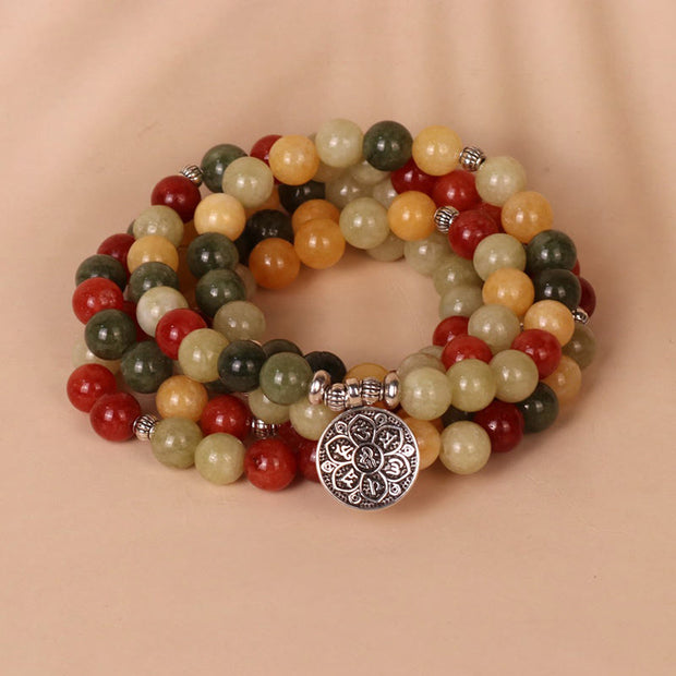 Buddha Stones 108 Mala Beads Natural Colored Stone Topaz Red Jasper Green Jasper Six True Words 'om Mani Padme Hum' Protection Bracelet