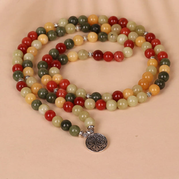 Buddha Stones 108 Mala Beads Natural Colored Stone Topaz Red Jasper Green Jasper Six True Words 'om Mani Padme Hum' Protection Bracelet