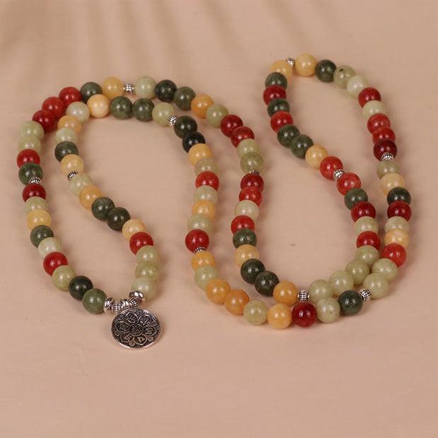 Buddha Stones 108 Mala Beads Natural Colored Stone Topaz Red Jasper Green Jasper Six True Words 'om Mani Padme Hum' Protection Bracelet