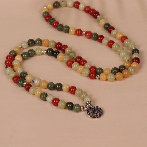 Buddha Stones 108 Mala Beads Natural Colored Stone Topaz Red Jasper Green Jasper Six True Words 'om Mani Padme Hum' Protection Bracelet