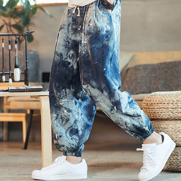 Buddha Stones Blue Ink Gradient Pattern Cotton Linen Drawstring Men's Harem Pants With Pockets