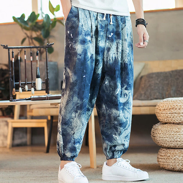 Buddha Stones Blue Ink Gradient Pattern Cotton Linen Drawstring Men's Harem Pants With Pockets