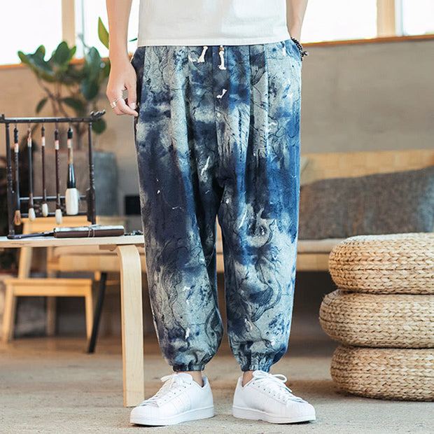 Buddha Stones Blue Ink Gradient Pattern Cotton Linen Drawstring Men's Harem Pants With Pockets