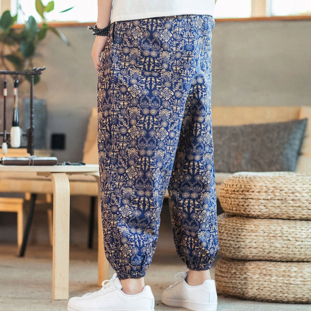 Buddha Stones Golden Mandala Pattern Cotton Linen Drawstring Men's Harem Pants With Pockets Men's Harem Pants BS 4