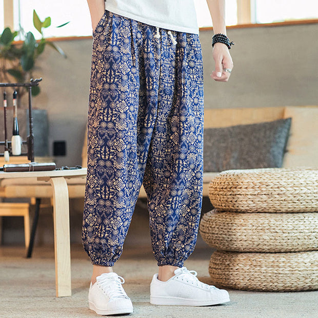 Buddha Stones Golden Mandala Pattern Cotton Linen Drawstring Men's Harem Pants With Pockets Men's Harem Pants BS 7