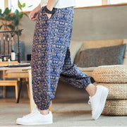 Buddha Stones Golden Mandala Pattern Cotton Linen Drawstring Men's Harem Pants With Pockets Men's Harem Pants BS 1