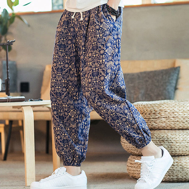 Buddha Stones Golden Mandala Pattern Cotton Linen Drawstring Men's Harem Pants With Pockets Men's Harem Pants BS DarkBlue US/UK/AU46，EU56 (5XL)