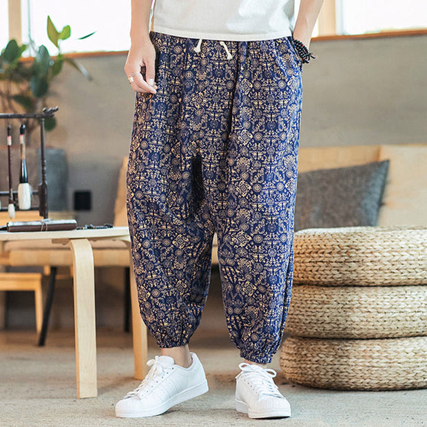 Buddha Stones Golden Mandala Pattern Cotton Linen Drawstring Men's Harem Pants With Pockets Men's Harem Pants BS 6