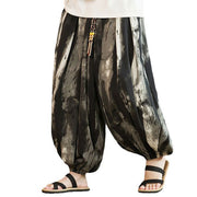 Buddha Stones Black White Ink Gradient Cotton Linen Braided Drawstring Men's Harem Pants With Pockets Men's Harem Pants BS 7