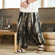 Buddha Stones Black White Ink Gradient Cotton Linen Braided Drawstring Men's Harem Pants With Pockets