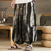 Buddha Stones Black White Ink Gradient Cotton Linen Braided Drawstring Men's Harem Pants With Pockets Men's Harem Pants BS 3