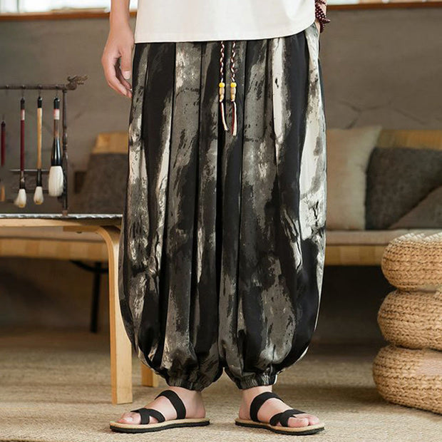 Buddha Stones Black White Ink Gradient Cotton Linen Braided Drawstring Men's Harem Pants With Pockets Men's Harem Pants BS 2