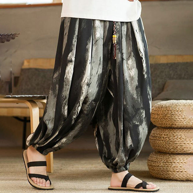 Buddha Stones Black White Ink Gradient Cotton Linen Braided Drawstring Men's Harem Pants With Pockets Men's Harem Pants BS 5