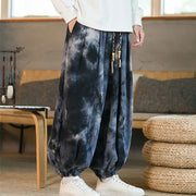 Buddha Stones Ink Tie-dye Braided Drawstring Corduroy Cotton Men's Harem Pants With Pockets